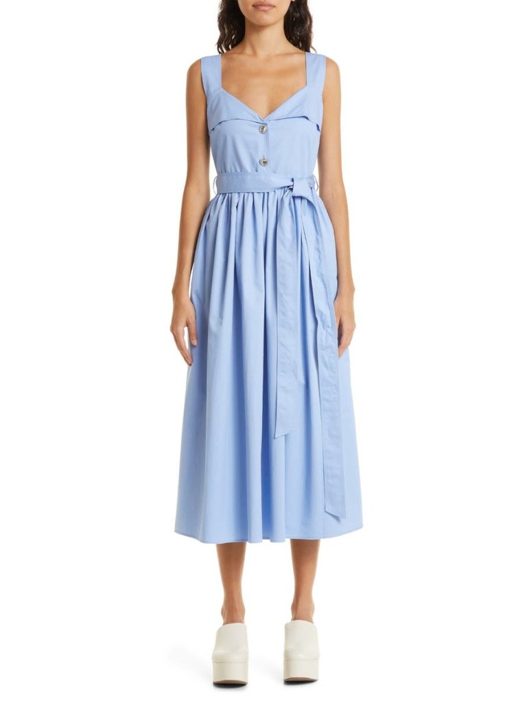 Stine Goya Stina Belted Midi Dress Rhinestone Buttons Cotton Blue Medium